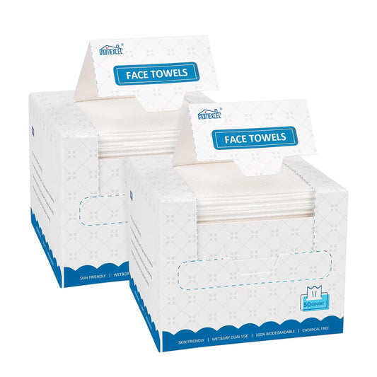 HOMEXCEL Face Towels, 100 Count (2 Box) Disposable Face Towelettes, Biodegradable Makeup Remover Dry Wipes, Super Soft Clean Facial Towels Wash Cloth for Sensitive Skin