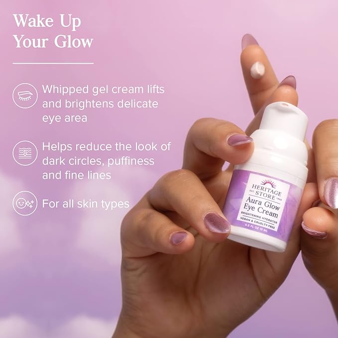 HERITAGE STORE Aura Glow Eye Cream, Under Eye Brightener & Hydrator, Minimizes look of Puffiness, Dark Circles, Fine Lines & Wrinkles w/Bakuchiol, Hyaluronic Acid, Kelp & Clear Quartz, Vegan, 0.5oz