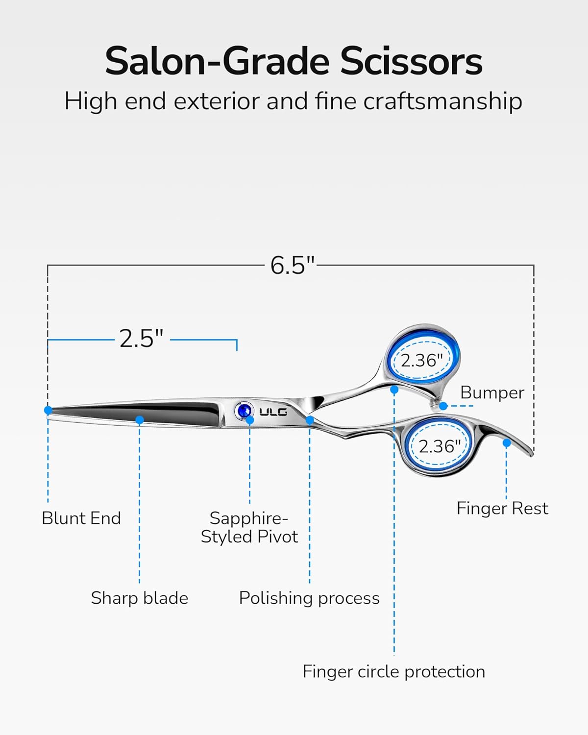Hair Cutting Scissors for Left Hand, ULG Left-Handed Professional Hair Scissors 6.5-Inch Razor Edge Barber Shears for Salon and Home Hair Cutting Made of Japanese Stainless Steel, Blue Fingerhole Ring