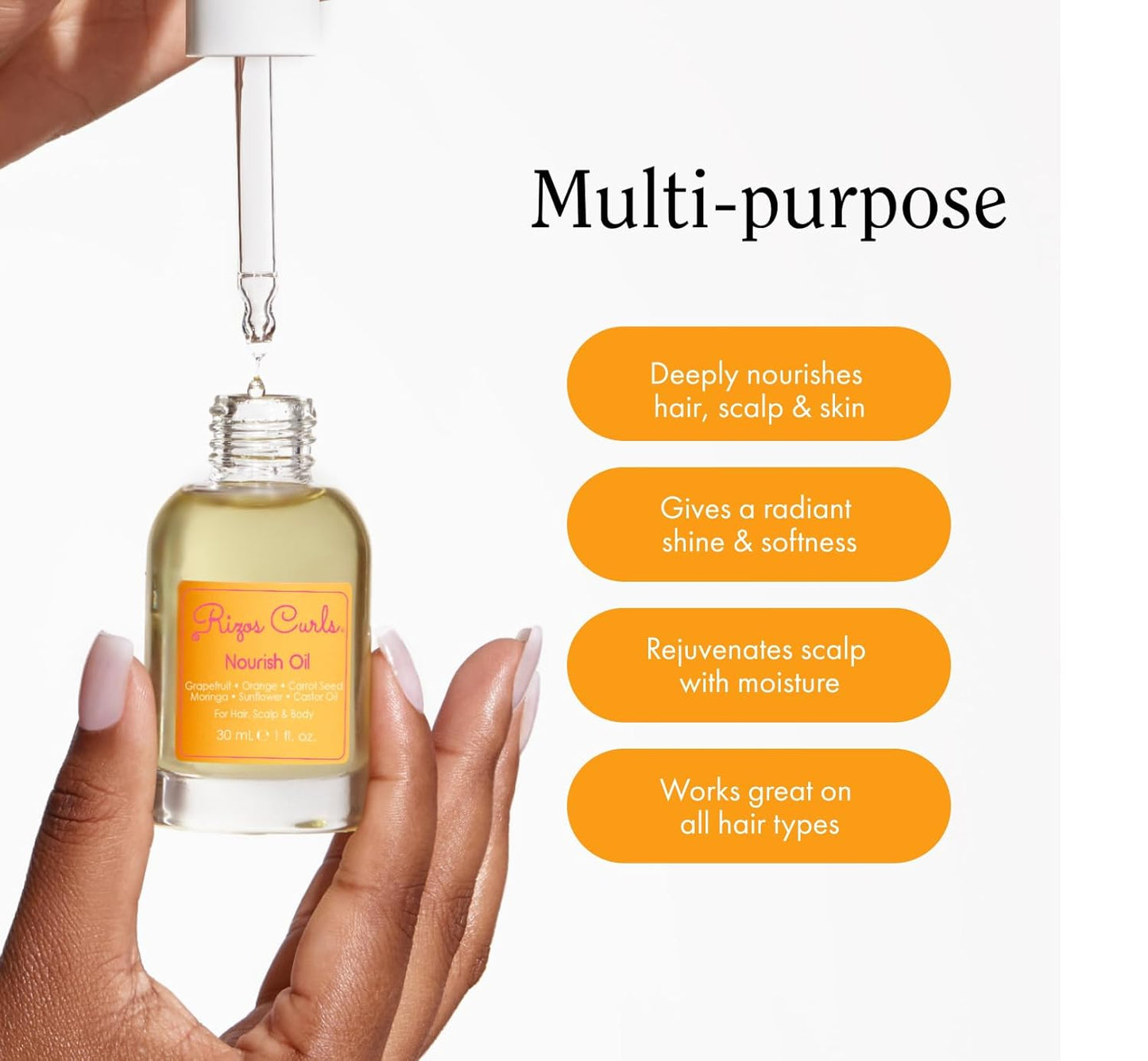 Rizos Curls Nourish Oil – Strength & Frizz Control - Improve Split Ends & Repair Dry Brittle Hair – Smooths & Hydrates All Hair Types Straight, Wavy, Curly 1a–4c – Non-Greasy, Sulfate & Paraben Free