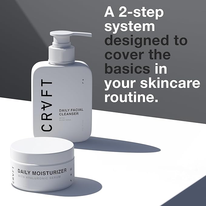 CRVFT 2-Step Men’s Facial Care Kit | Aloe Vera Face Wash 3oz | Hyaluronic Moisturizer 1oz | 2 Piece Complete Daily Face Care Routine | Look + Feel Your Best [Scented]