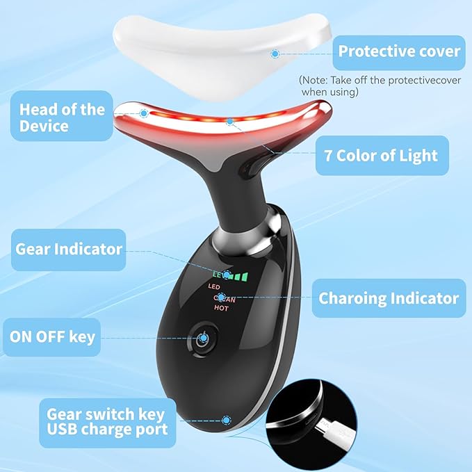Face and Neck Massager T𝗈𝗈I, 7 C𝗈I𝗈r Facial Massager for Face and Neck, Face 𝖲cuIpting Tool for S𝗄in Care - Black