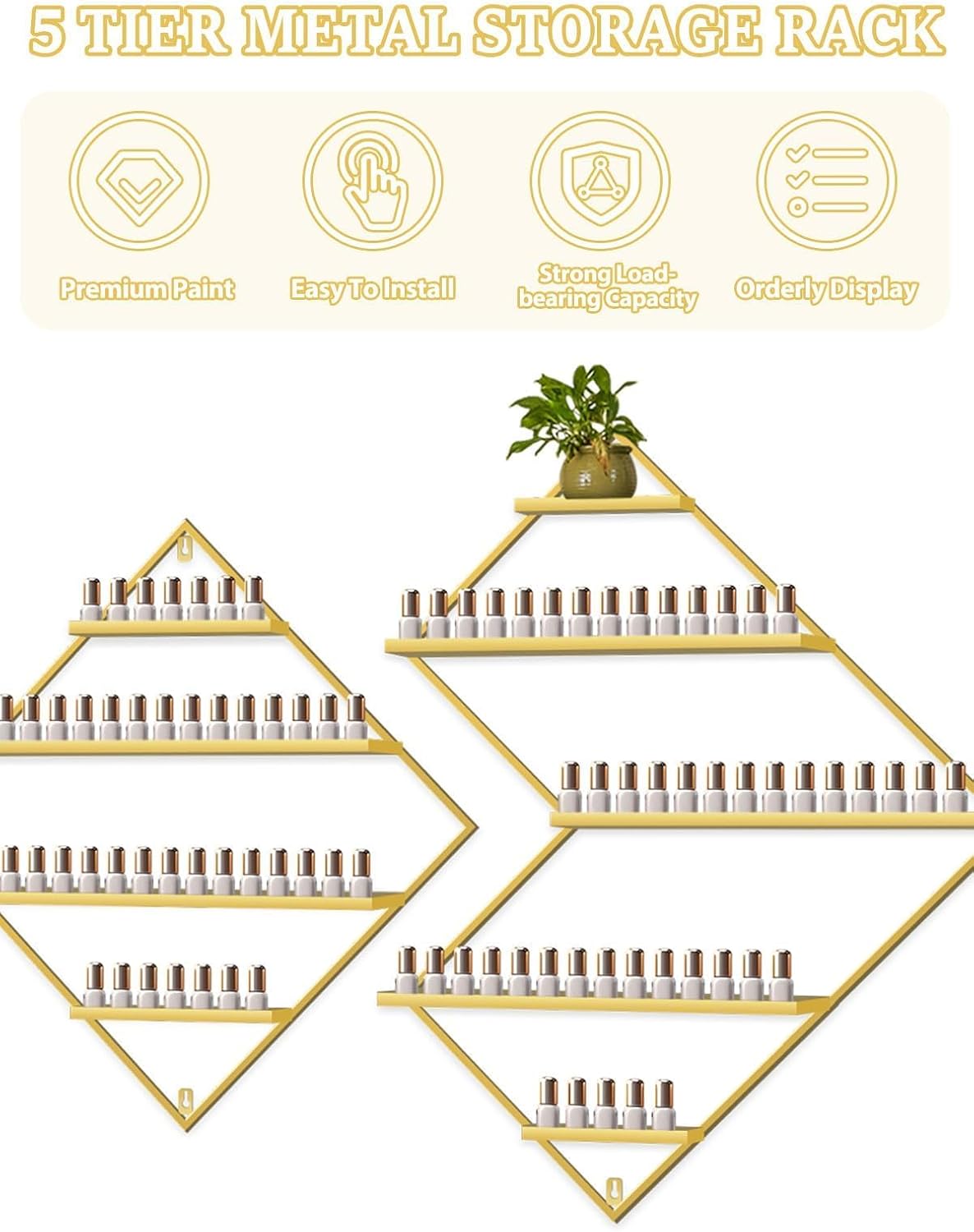 EBANKU Metal Wall Mounted Nail Polish Storage Racks, Gold Display Rack Cosmetic Display Case Lipstick Wall Shelf Essential Oil Organizer for Nail Polish Bottles Spa Nail Salon (Irregular Rhomboid)