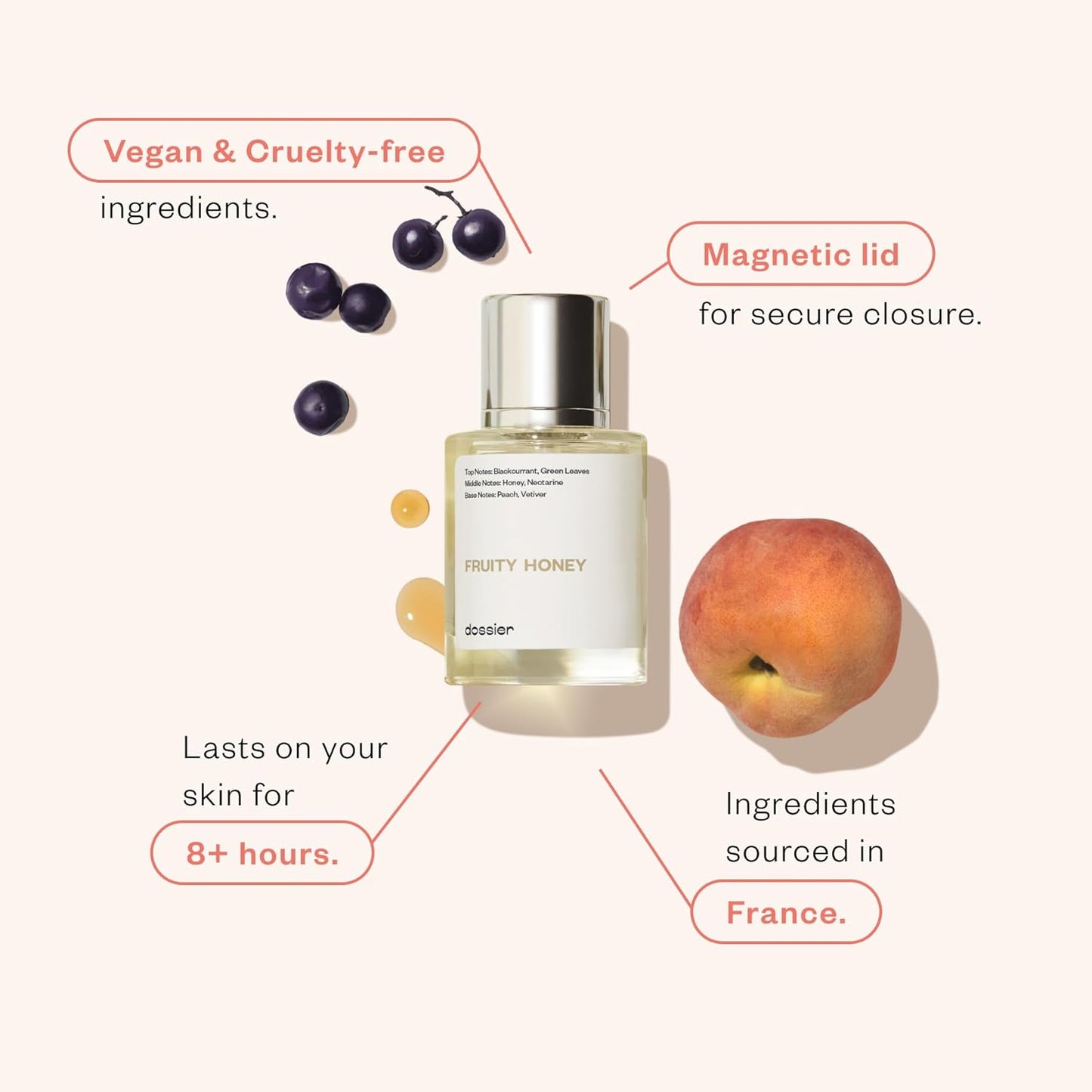 Dossier - Fruity Honey - Eau de Parfum - Inspired by J.Malone's Nectarine Blossom & Honey - Perfume Luxury - Pure Infused - Paraben-Free - Vegan - For Women Men Unisex - Fragrance 1.7 oz (Spray 50ml)