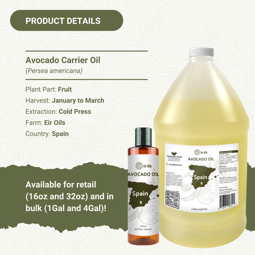 Avocado Oil - Direct from EIR Oils Farm in Spain - 100% Pure Carrier Oil for Hair, Face, and Skin - Hand-Picked, Cold-Pressed Carrier Oil - (4Gallons)