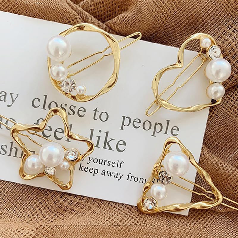AKOAK 4 Pcs/set Heart-shaped Round Metal Hair Clip Pentagram Geometric Pearl Hair Clip Bangs Clip Ponytail Hair Accessories for Ladies and Girls
