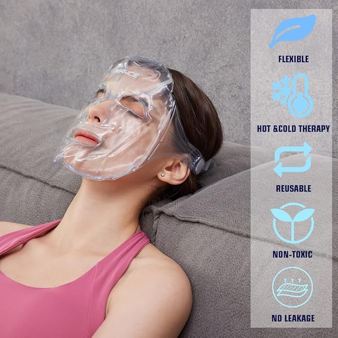 MR.ICE Gel Face Ice Pack Mask, 2 Cooling Masks for Face Swelling, ice face mask Reusable Cold Hot Compress for Puffiness, Sinus Pain & Stress Relief, Freezer Face Mask for Headache, Dark Circles