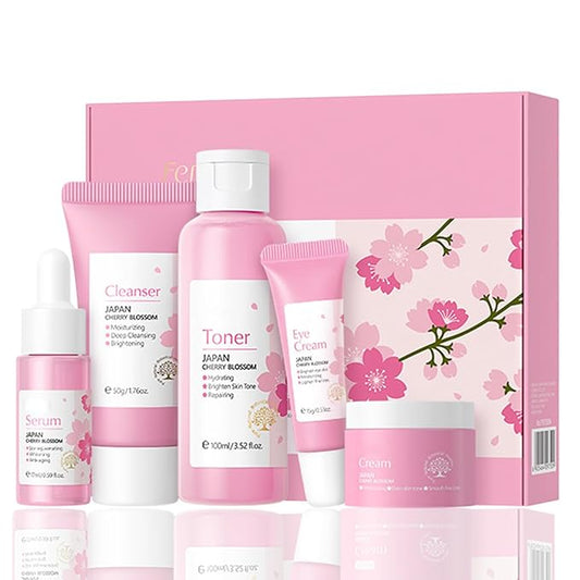 Cherry Blossom Skin Care Kit - Skincare for Girls 10-12 - Hydrating Travel Essentials - Travel Kit with Face Wash, Essence, Toner, Cream & Eye-cream - Skin Care Sets & Kits Gift Set for Women