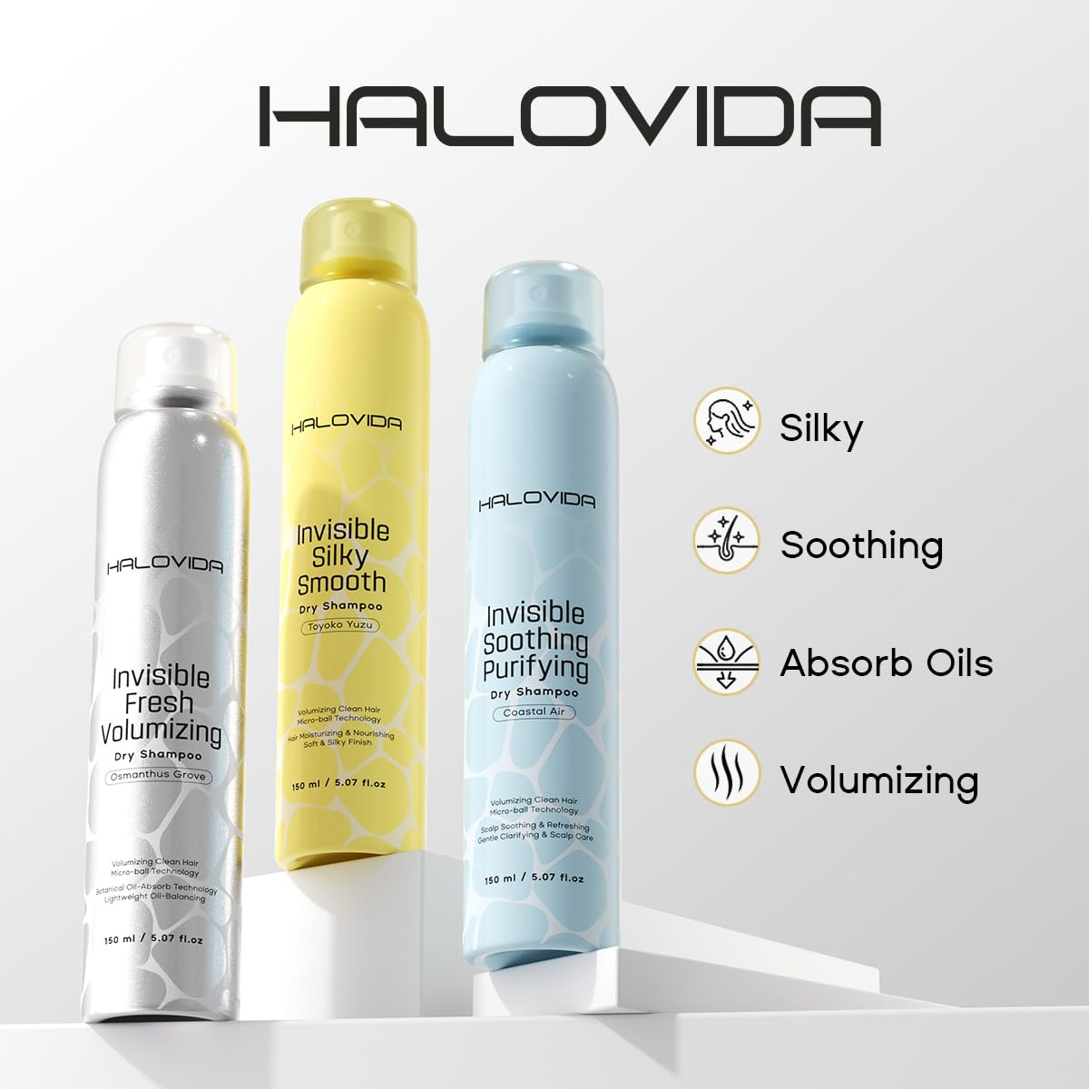 HALOVIDA Dry Shampoo Pack of 3, Dry Scalp Shampoo Spray for Dark Hair Leaves No White Residue, Absorb Oils, Volumizing & Refresh Hair for 72 Hours, 5.07 Fl Oz (Osmanthus Grove+Toyoko Yuzu+Coastal Air)