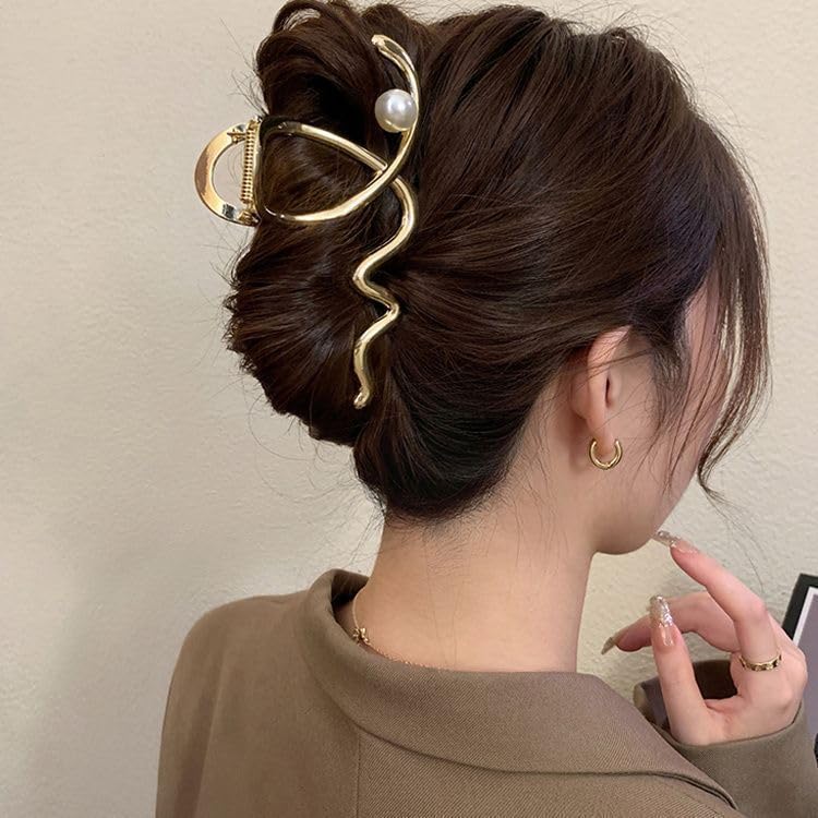 Women's Hair Accessories - Large Metal Claw Hair Clips with Gold Wave Pearl Design, Strong Hold, Non-Slip Barrette for Hair Styling