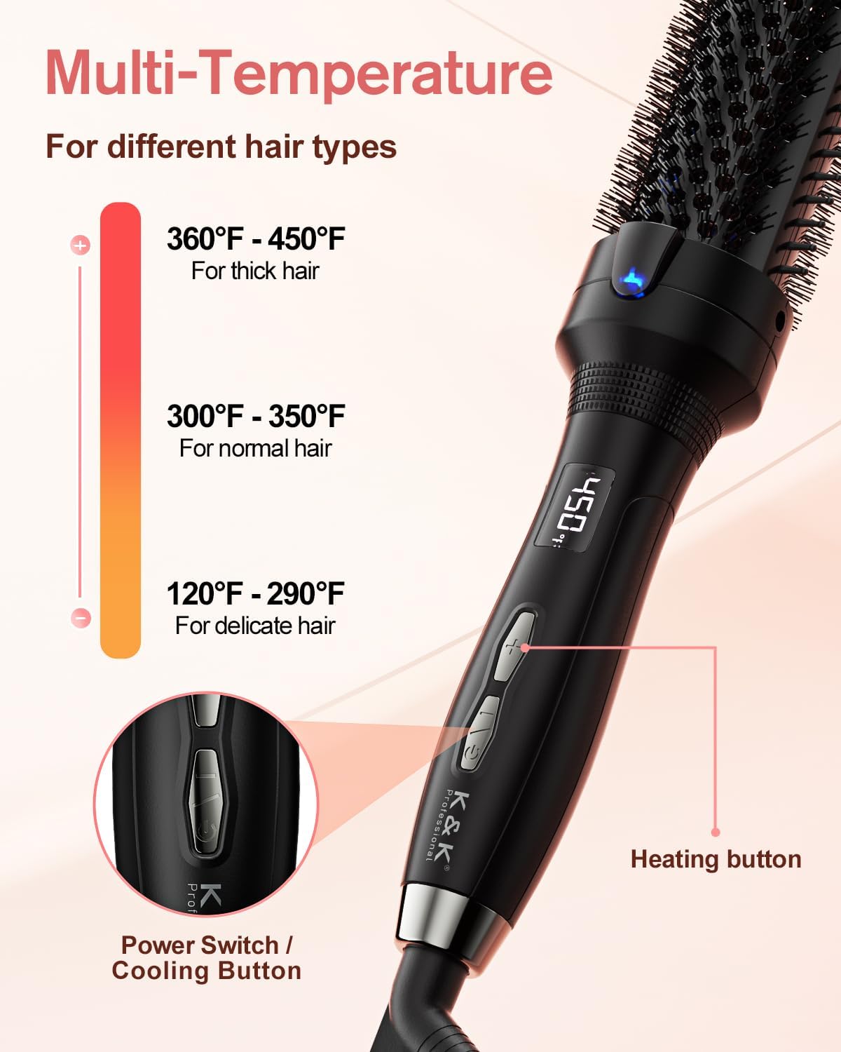 K&K Thermal Brush, Negative Ion 1 1/2 Inch Heated Curling Brush with Ceramic Tourmaline for Blowout Look, Multi Temperature Thermal Round Brush Dual Voltage for Traveling