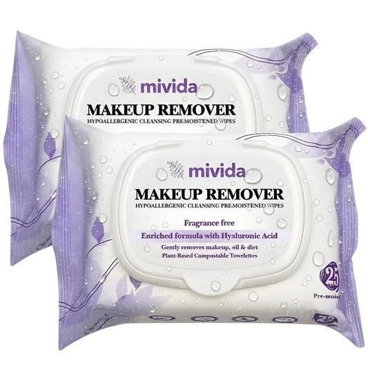 mivida Hypoallergenic Makeup Remover Wipes | 2 Pack of 25 Count With Hyaluronic Acid | Fragrance Free, Alcohol Free, Plant Based Wipes