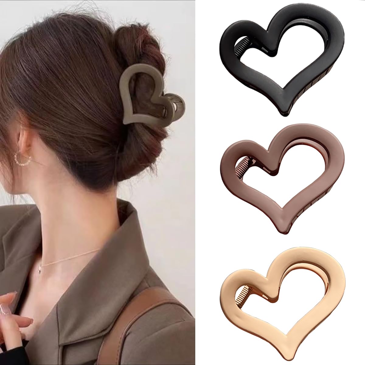 3Pcs Cute Medium Matte Acrylic Hair Claw Clips - Love Heart Jaw Clips for Women, Valentine's Day Party Hair Styling Accessories (Black, Coffee, Brown)