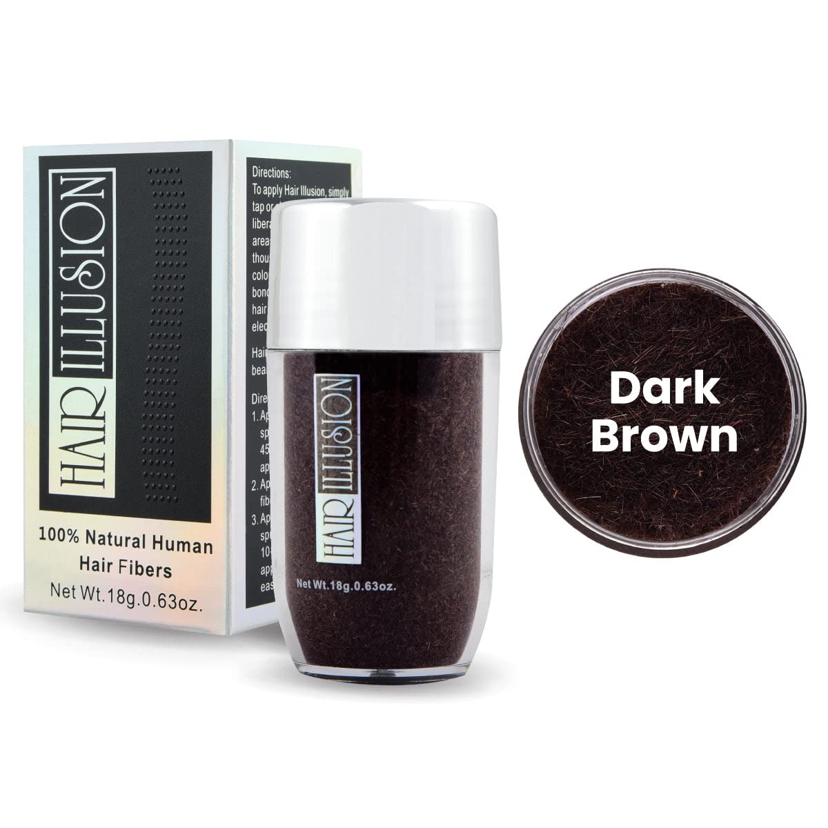 Hair Illusion Dark Brown Real Hair Fibers and Fiber Holding Spray Bundle for Thinning Hair - 100% Natural Texture, Non Synthetic Hair Fibers - Bald Spot Cover Up for Women & Men - 18 Gram