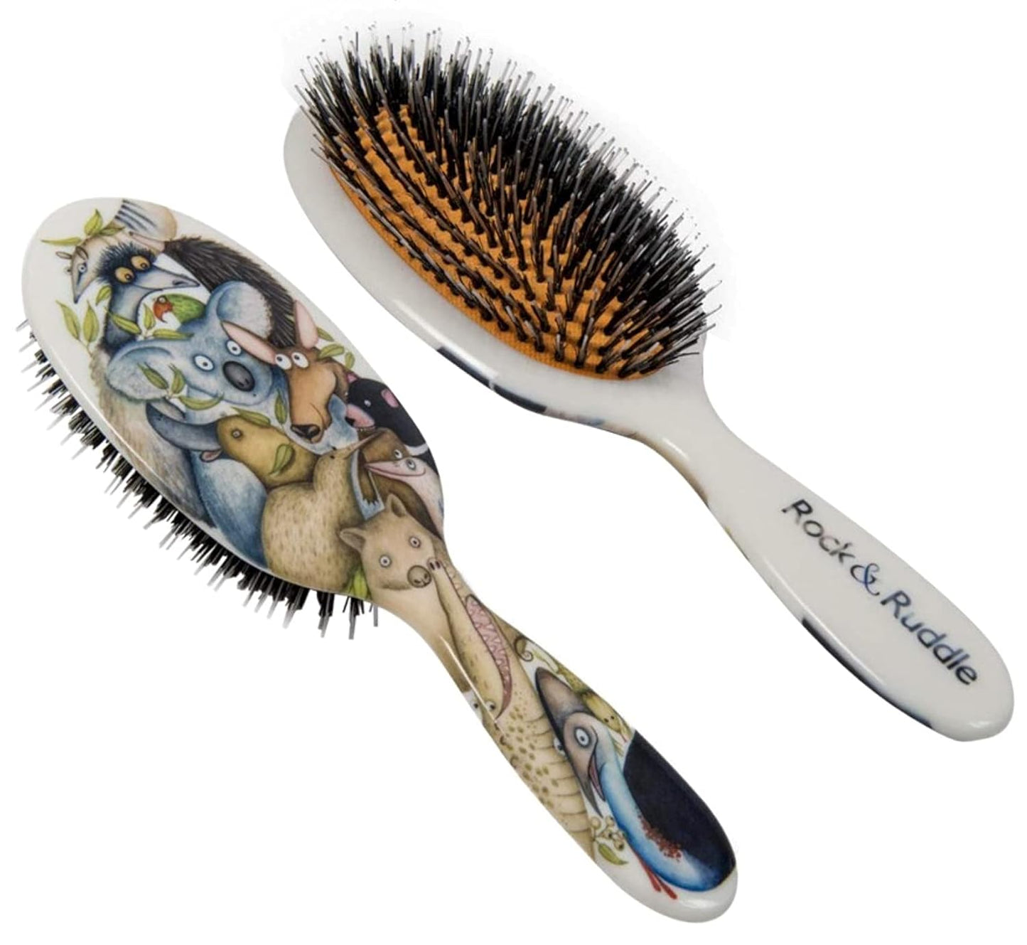 Rock & Ruddle Natural Mixed Boar Bristle Hair Brush for Women and Kids (Large, 21 cm) - Perfect for Wet or Dry Hair, Detangling Smoothing Blowdrying - Designed & Made in UK - Australian Animals Design