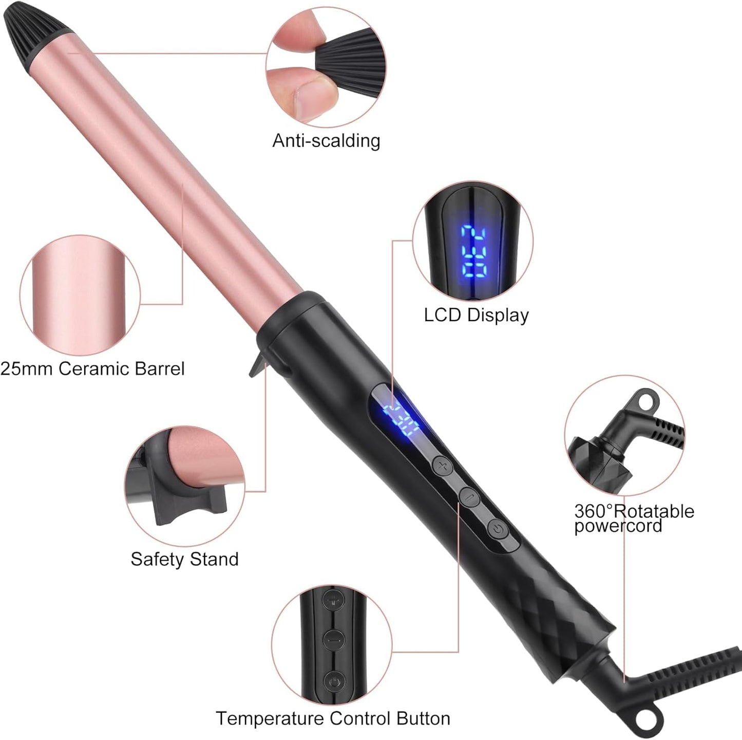 Curling Iron, 25mm Ceramic Curling Wand with Adjustable Temperature for Long & Short Hair, Professional Hair Curler with Glove, Dual Voltage
