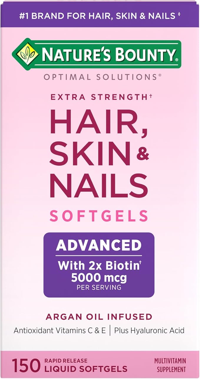 Nature's Bounty Advanced Hair, Skin & Nails, Argan-Infused Vitamin Supplement with Biotin and Hyaluronic Acid, 150 Rapid Release Softgels, 50 Total Servings