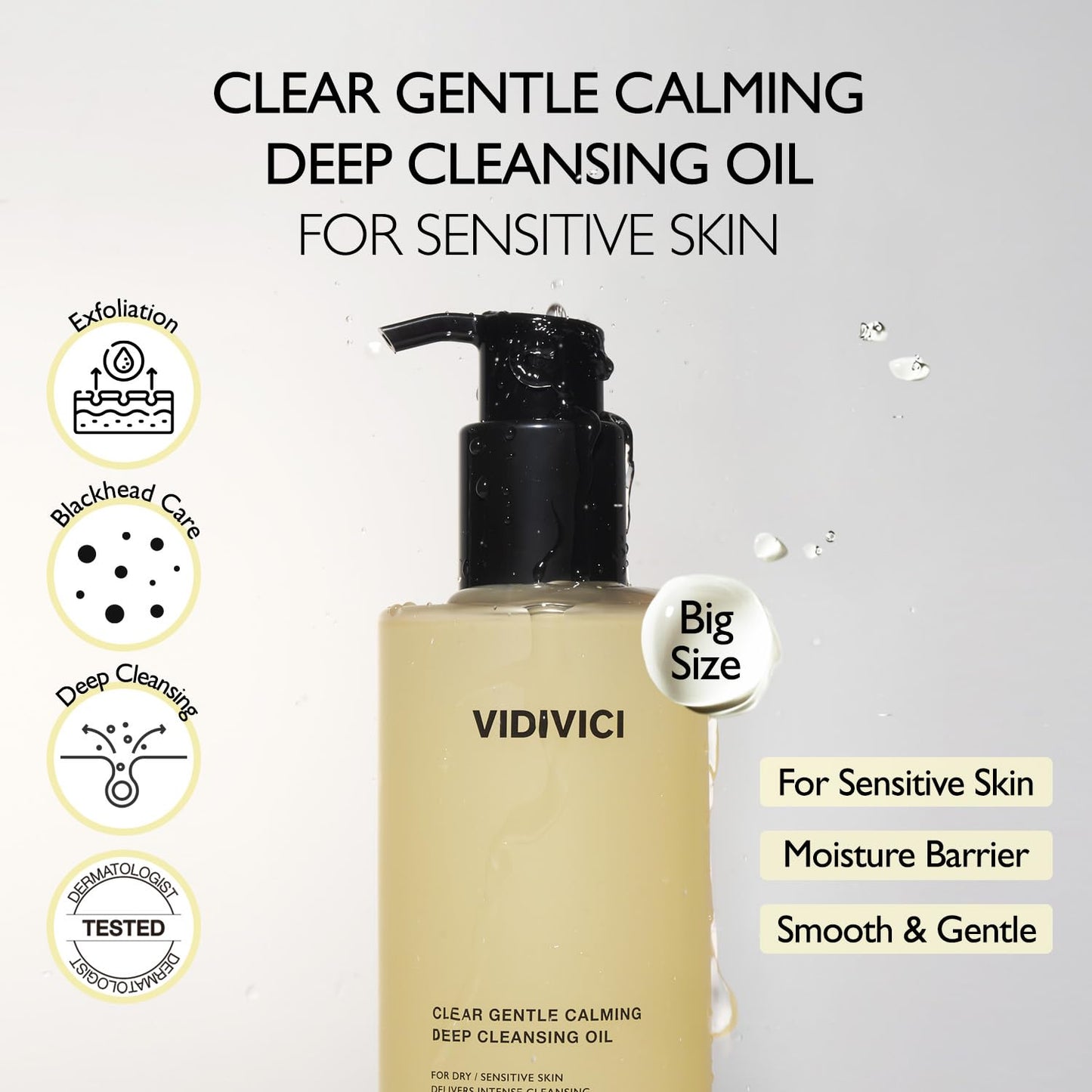 VIDIVICI Clear Gentle Calming Deep Cleansing Oil 10.14 fl.oz | Smooth & Gentle Makeup Remover for Sensitive Skin, Protect Skin Barrier with Ceramide, Korean skin care