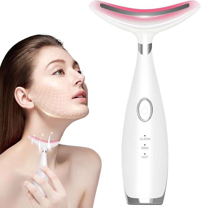 Neck Face Beauty Device, Skin Care Face Massager, 3 in 1 Facial Massage Tool with Heating & Vibration, White