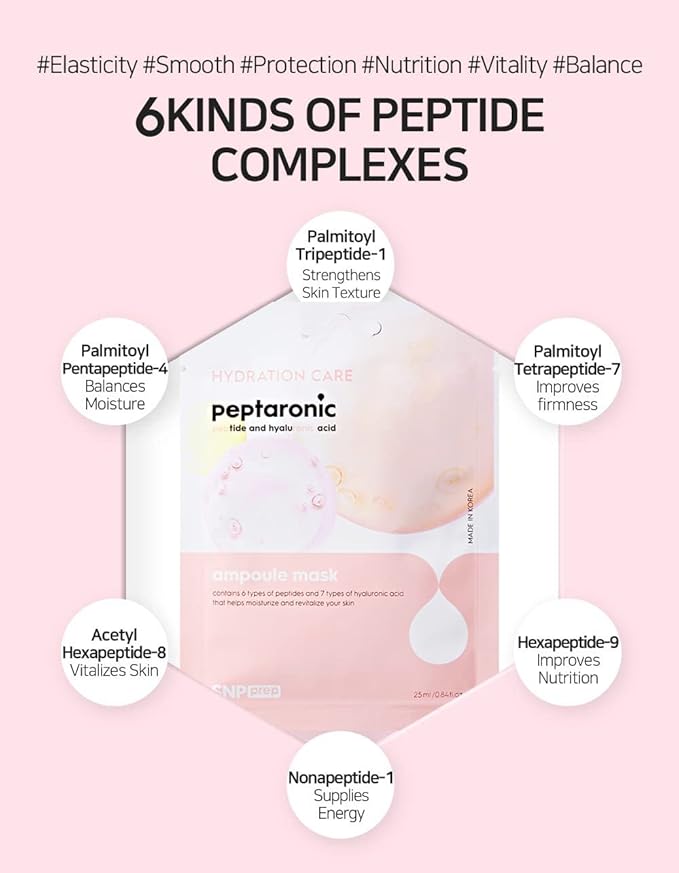 [K Beauty Snp] Peptaronic Ampoule Sheet Mask | Peptide and Hyaluronic Acid Sheet Mask | Hydrating, Moisturizing, and Friming for Dry Skin Types | Korean Skin Care Facial Mask | 10 Sheets