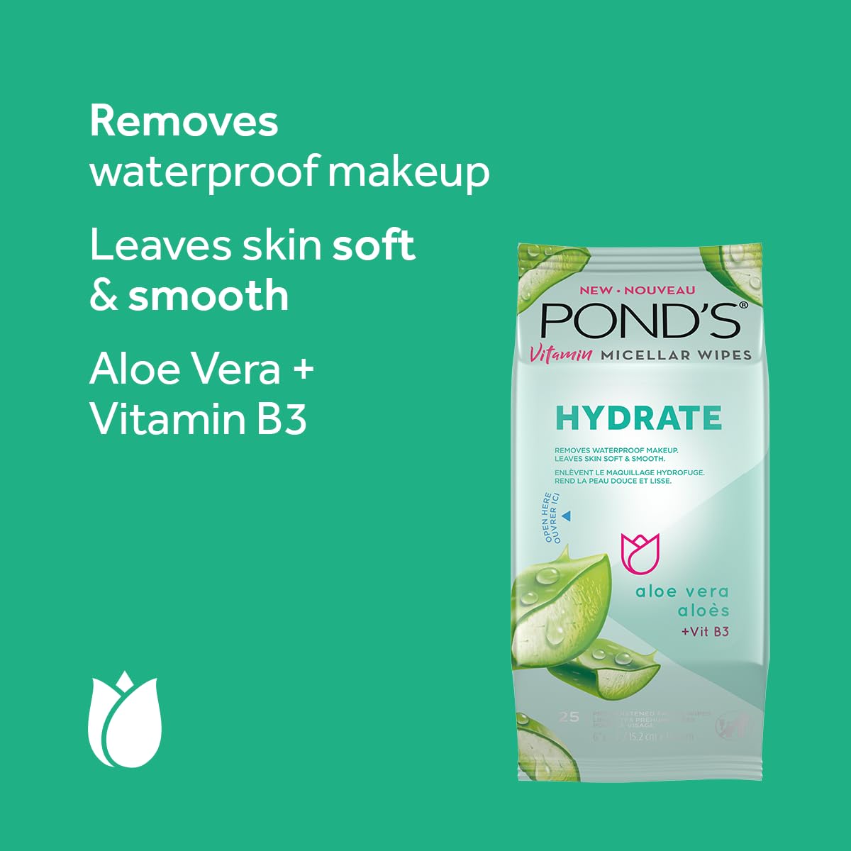 Pond's Vitamin Micellar Wipes For Dry Skin Hydrate Aloe Vera Removes Waterproof Makeup 25 Wipes (Pack of 2)
