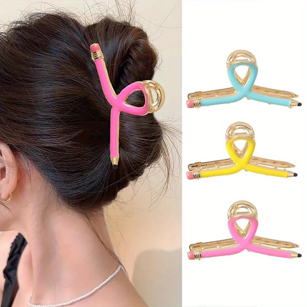 3Pcs Pencil Hair Clips for Women Teacher Hair Clips for Thick & Thin Hairs Pencil Claw Clip Teacher Barrettes Accessories for Styling Back to School Gifts for Girlfriend Sister