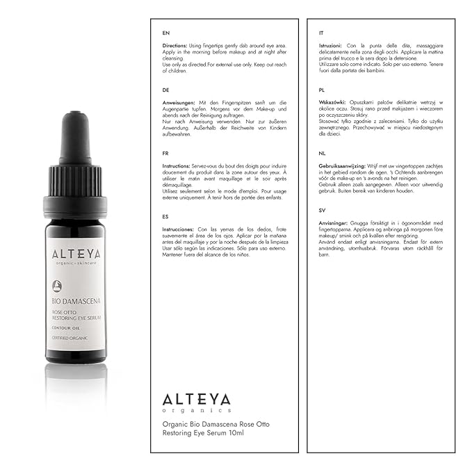 Alteya Organics Eye Serum USDA Certified Organic Skin Care 0.34 Fl Oz/10 mL Bio Damascena Award-Winning Eye Treatment With Organic Bulgarian Rose Oil Rejuvenating, Revitalizing and Clarifying