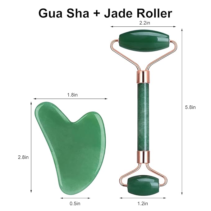 Jade Roller and Gua Sha Set, Facial Skin Care Roller is to Reduce Puffiness and Fine Lines, Massage Tools for Face, Eyes, Neck, Body Muscle Relaxing, with Mask Brush(Green)