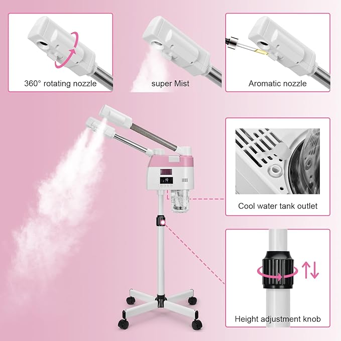 Professional Facial Steamer,2 in 1 Facial Steamers with Hot&Cool Mist, Height Adjustable Face Steamer, Pink Esthetician Steamer for Home Salon Spa