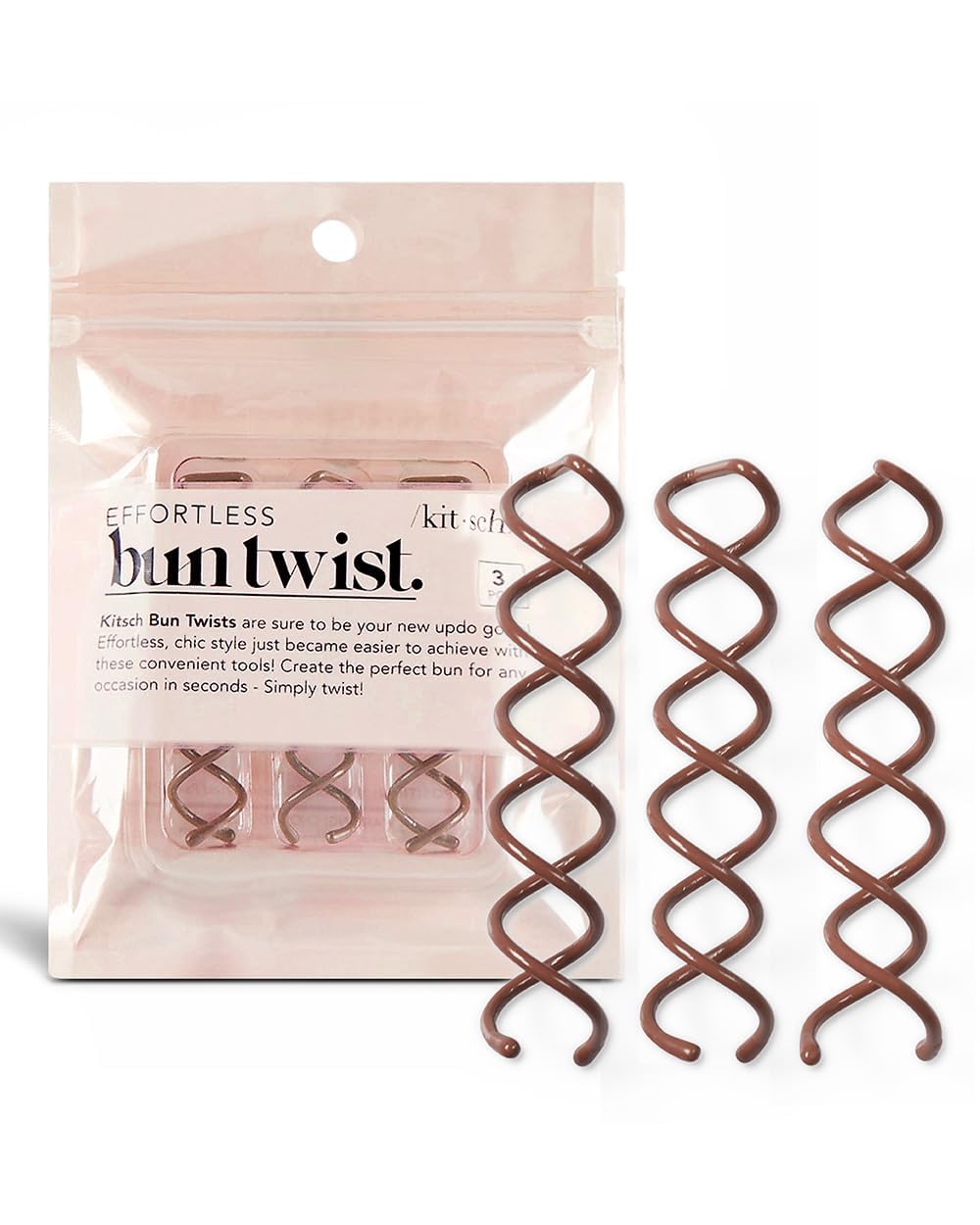 Kitsch Spiral Bobby Pins for Girls and Women - Hair Bun Maker | Rounded Tips, Chip-Resistant Bun Twist Spiral Hair Pins | Secure Hold All-Day | Ideal Gifts for Women - 3Pcs, Brown