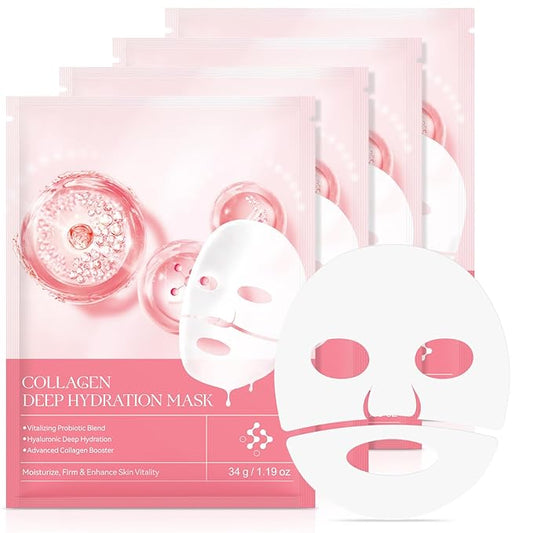 Collagen Face Mask, Hydrating Overnight Hydrogel Mask, Pore Minimizing, Elasticity Improvement, Firming, Moisturizing-4 Pack
