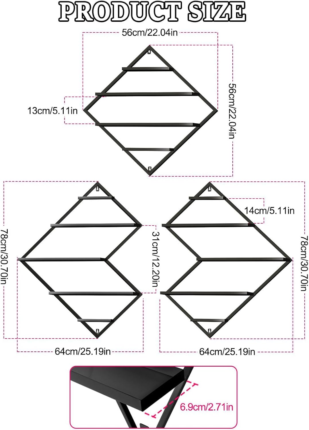EBANKU Metal Wall Mounted Nail Polish Storage Racks, Black Display Rack Cosmetic Display Case Lipstick Wall Shelf Essential Oil Organizer for Bottles Spa Nail Salon (Irregular Rhomboid)