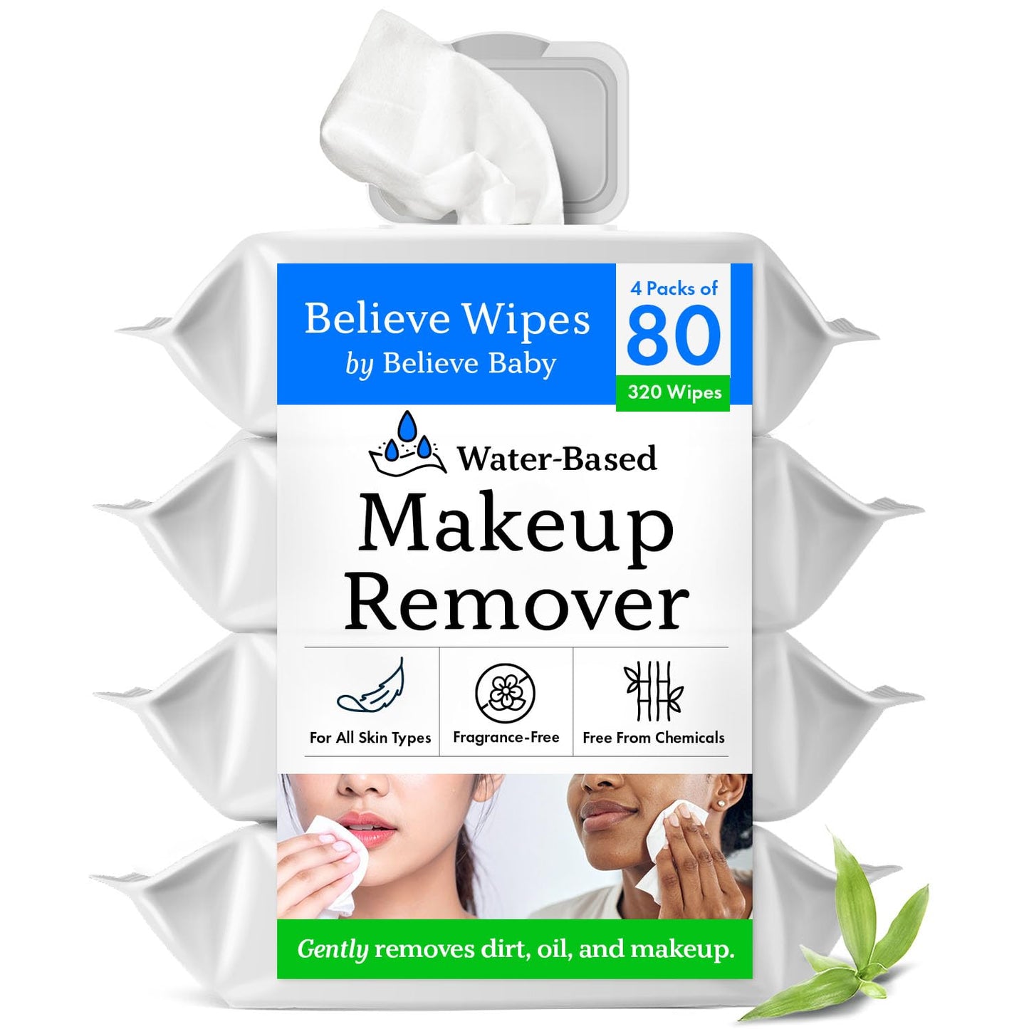Believe Sensitive Skin Makeup Remover Wipes Unscented 80pc x 4 Packs - Bamboo Viscose Unscented Face Wipes, Disposable Water-Based Make Up Remover, Gentle and Makeup Wipe for Women