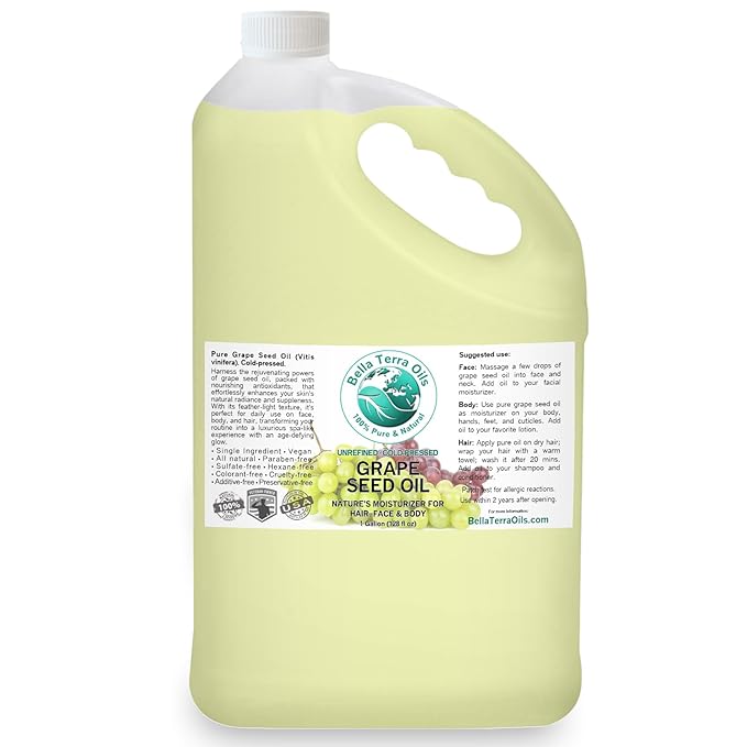 Bella Terra Oils Pure Grape Seed Oil – 1 gallon, Antioxidant-Rich, Lightweight, Radiant Skin, Frizz-Free Hair, Silky Touch