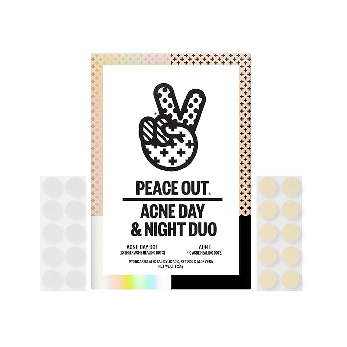 PEACE OUT Acne Day & Night Duo, Sheer Hydrocolloid Pimple Patches For Day Plus Overnight Acne Dots, Helps Clear Blemishes Quickly with Salicylic Acid, Retinol and Aloe Vera, 20 dots