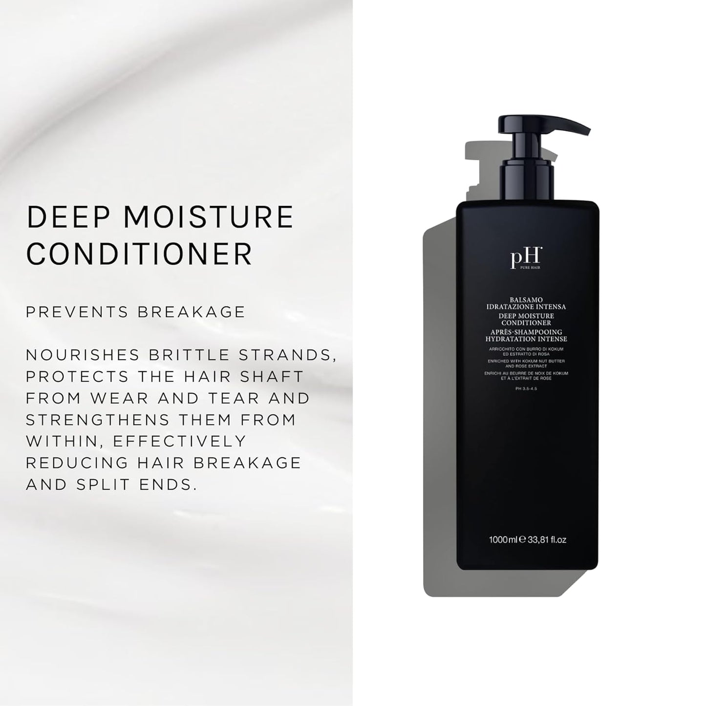 pH PURE HAIR Deep Moisture Conditioner - Intense Hydration for Dry, Damaged Hair - Deep Conditioning Treatment with Kokum Nut Butter & Rose Extract for Frizz-Free, Soft, Smooth Hair - 33.8 Oz