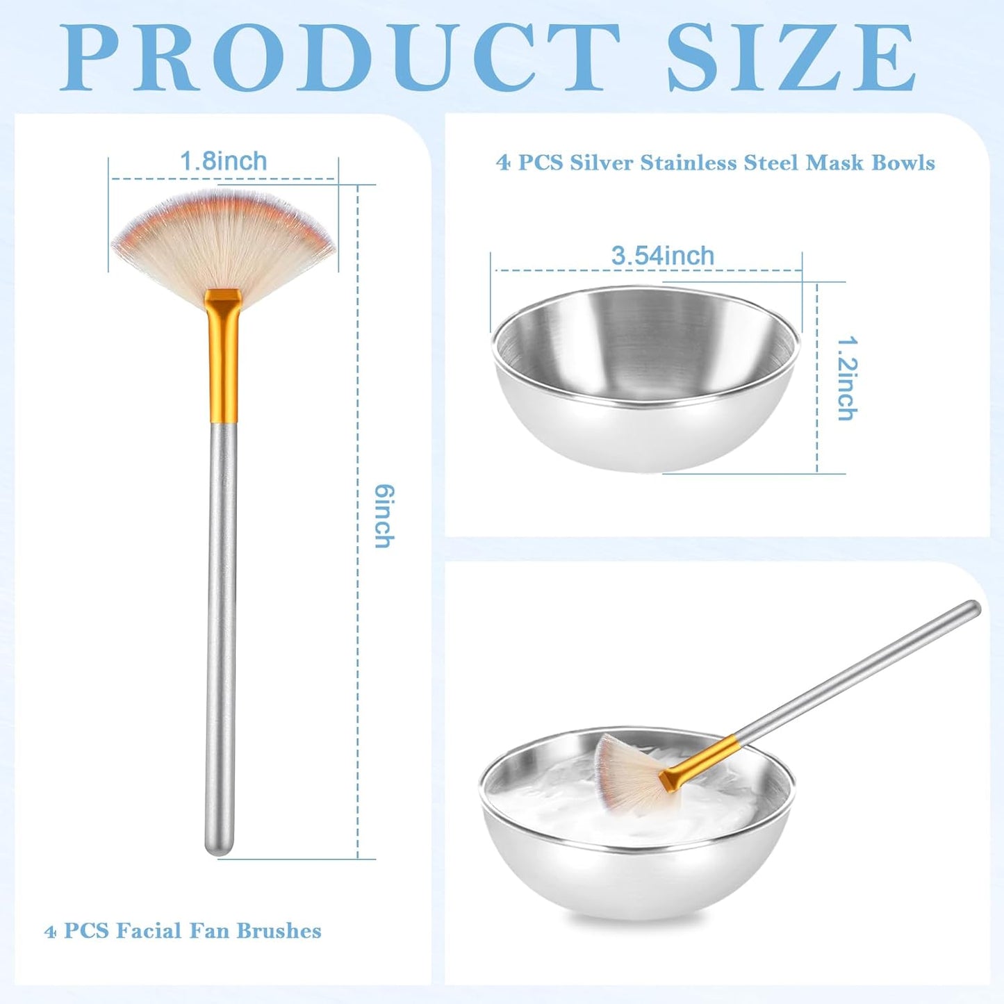 8 Pcs Silver Esthetician Supplies 4 Facial Fan Brushes Esthetician 4 Silver Stainless Steel Mixing Bowls Face Mask Brush Facial Bowls Esthetician for Mud Cream Makeup Spa Salon Women
