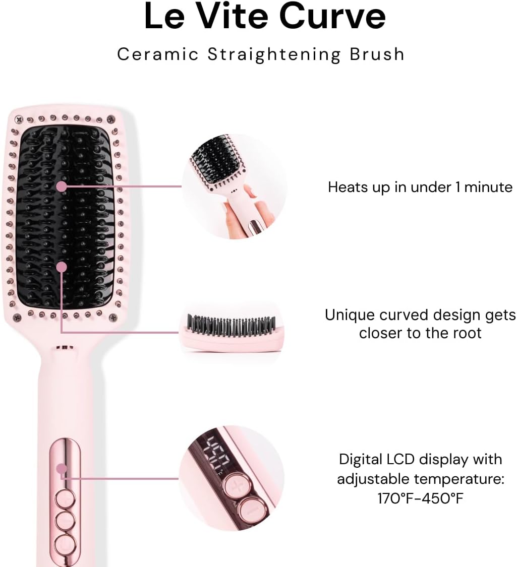 L'ANGE HAIR Le Vite Curve Ceramic Straightening Brush | Heated Straightener Flat Iron for Smooth, Anti Frizz Hair | for All Hair Lengths | Hot Styling Brush for Effortless Straightening (Blush)