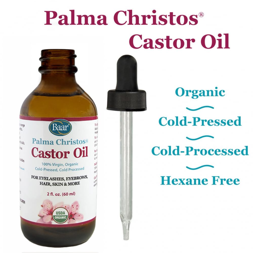 Baar Palma Christos Castor Oil, Organic, 100% Pure, Cold-Pressed, Hexane-Free Products. Helps with Conditions for Hair Growth for Eyebrows, Hair, and Eyelashes. Natural Hair Treatment Oil 2 oz.