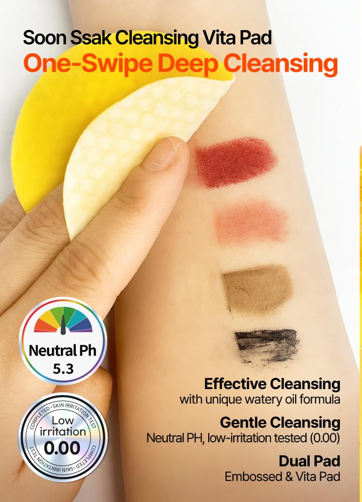 BEAUDIANI Soonssak Vitamin C Cleansing Pads, 50 Count – One-Swipe Makeup Remover, Low-pH 5.3, Embossed Exfoliating Wipes, Hydrating Lyocell, No-Rinse, Sensitive Skin, Korean Skincare