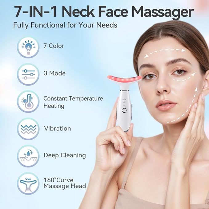 Neck Face Massager, 7 Color Facial Massager for Skin Care at Home, Face Sculpting Tool with Thermal and Vibrating, White