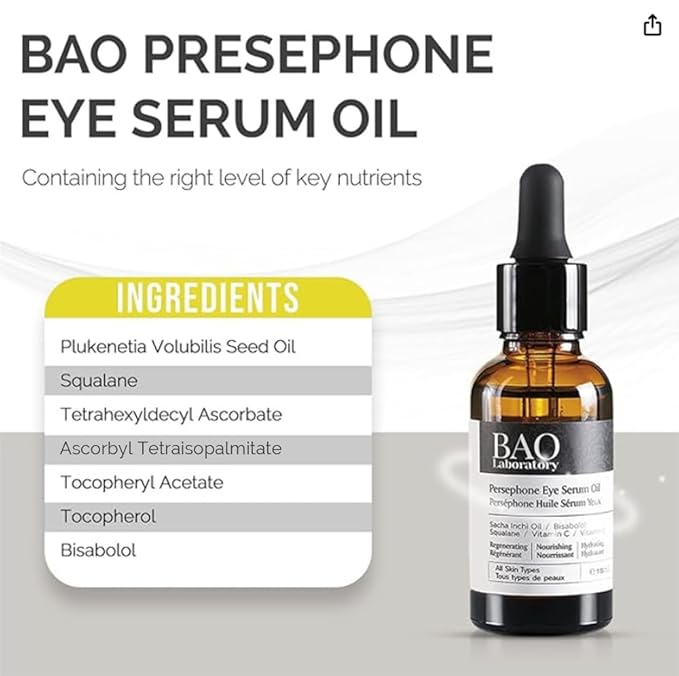 Persephone Eye Serum Oil (15 ML) | Sacha Inchi Oil, Bisabolol and Vitamin C & E | Eye Serum for Wrinkles, Finelines and Dark Circle