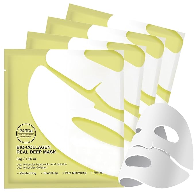 Deep Collagen Anti-Wrinkle Lifting Overnight mask, Bio-Collagen Real Deep Mask, Hydrating Face Mask with Low Molecular Weight Collagen for Elasticity, Pore Minimizing, Firming, Moisturizing 4 Pcs