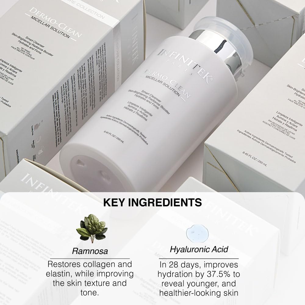 Infinitek Paris Micellar Water Solution with Hyaluronic Acid 8.45 Fl Oz - Skin Care Product and Makeup Remover - Hydrating Cleansing Liquid for Face Wash and Eye Makeup Remover