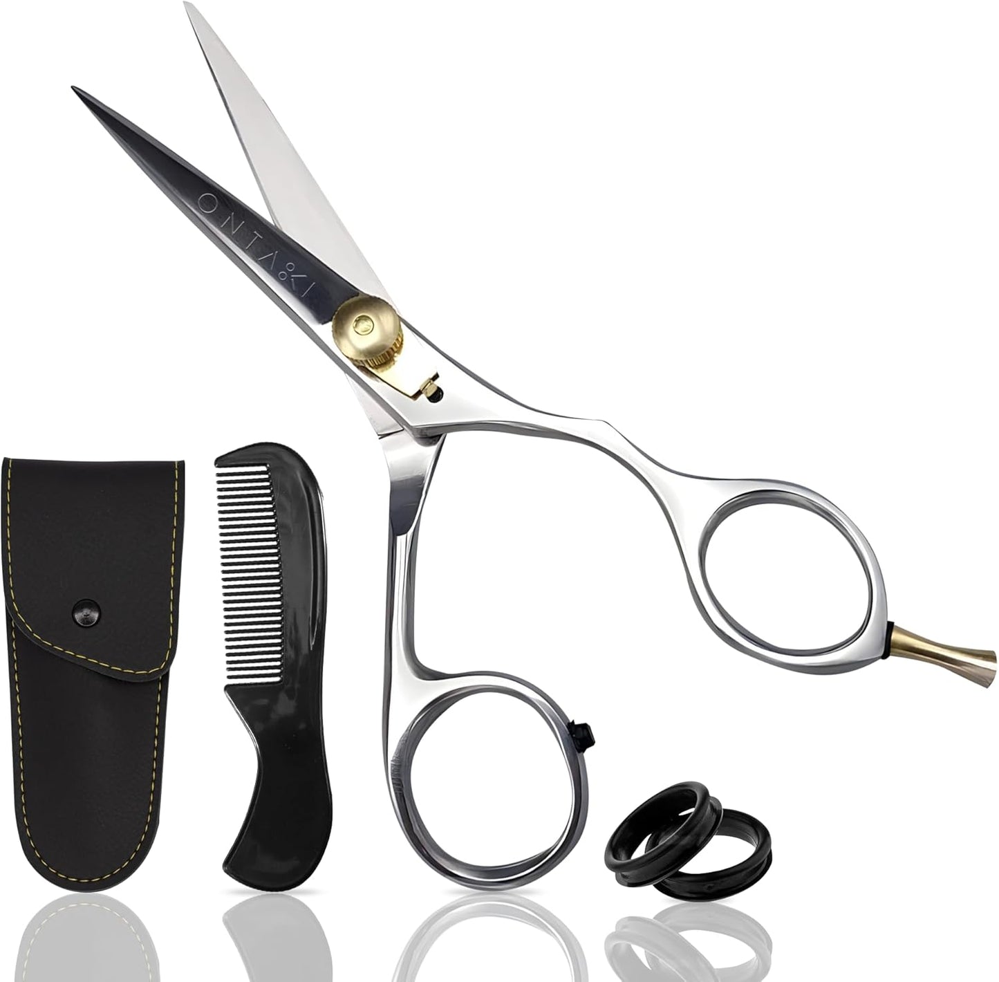 Ontaki Hair Scissors for Beard & Mustache - 5.5" 420C Japanese Steel, Silver, Right Hand - Hand-Forged Hair Cutting Scissors with Ergonomic Handles - Includes Beard Comb with Handle & PU Leather Pouch
