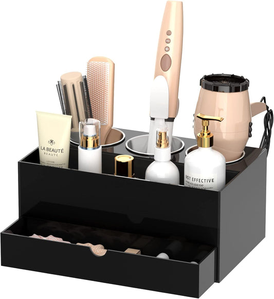 NIUBEE Hair Tool Organizer, Black Acrylic Hair Dryer and Styling Organizer with Drawer, Bathroom Countertop Blow Dryer Holder, Vanity Caddy Storage Stand for Accessories, Makeup, Toiletries