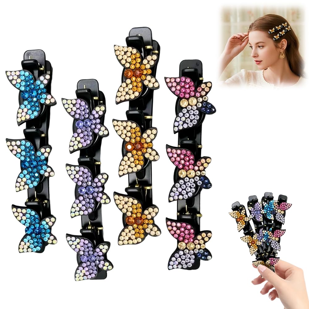 Sparkling Crystal Stone Braided Hair Clips, Women Rhinestone Braided Duckbill Hairpin, 2025 New Rhinestone Hair Clips Hair Braid Clips, Shiny Rhineston Hair Clip, Braided Hair Bands (Mix 4 Colors)