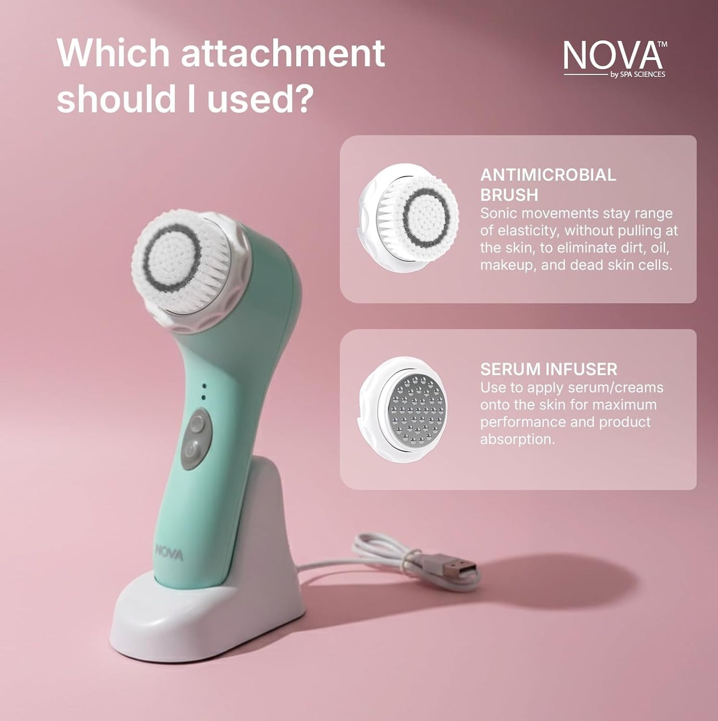 Spa Sciences - NOVA - Sonic Cleansing Brush with Bristles & Infusion System – Anti-Aging Facial Exfoliating, Waterproof, and USB Rechargeable
