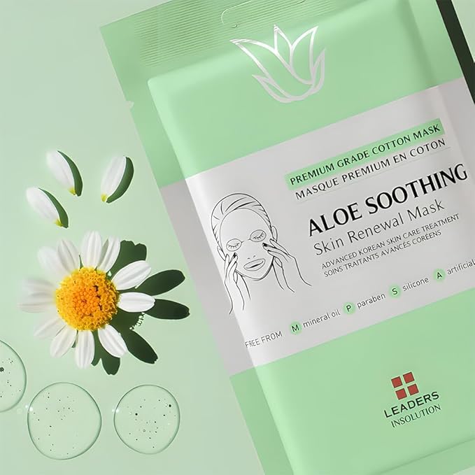 Leaders Insolution Aloe Soothing Skin Renewal Mask | Organic Aloe Leaf & Cactus Extract Hydrating Facial Treatment for Sensitive, Dry, Acne-Prone Skin | UV Repair & Hydration Boost (5 Sheets)