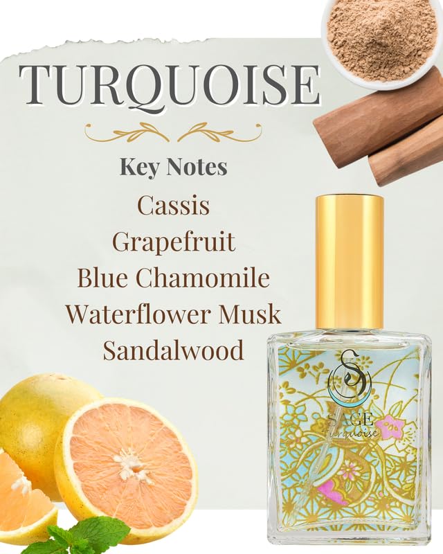 Turquoise Organic Perfume Spray by Sage- 2 oz, Vegan & Cruelty-Free, Marine Scent, Waterflower Musk, Blue Chamomile, Grapefruit - Made in USA